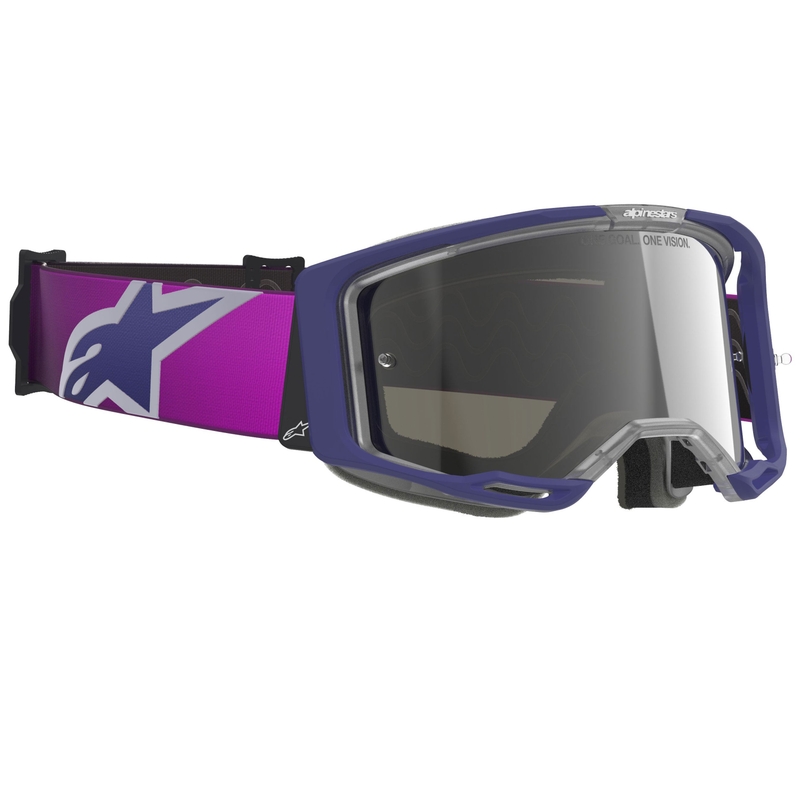 Gogle motocrossowe Alpinestars Vision 8 Corp, fioletowo-przezroczyste, z lustrzanymi srebrnymi soczewkami