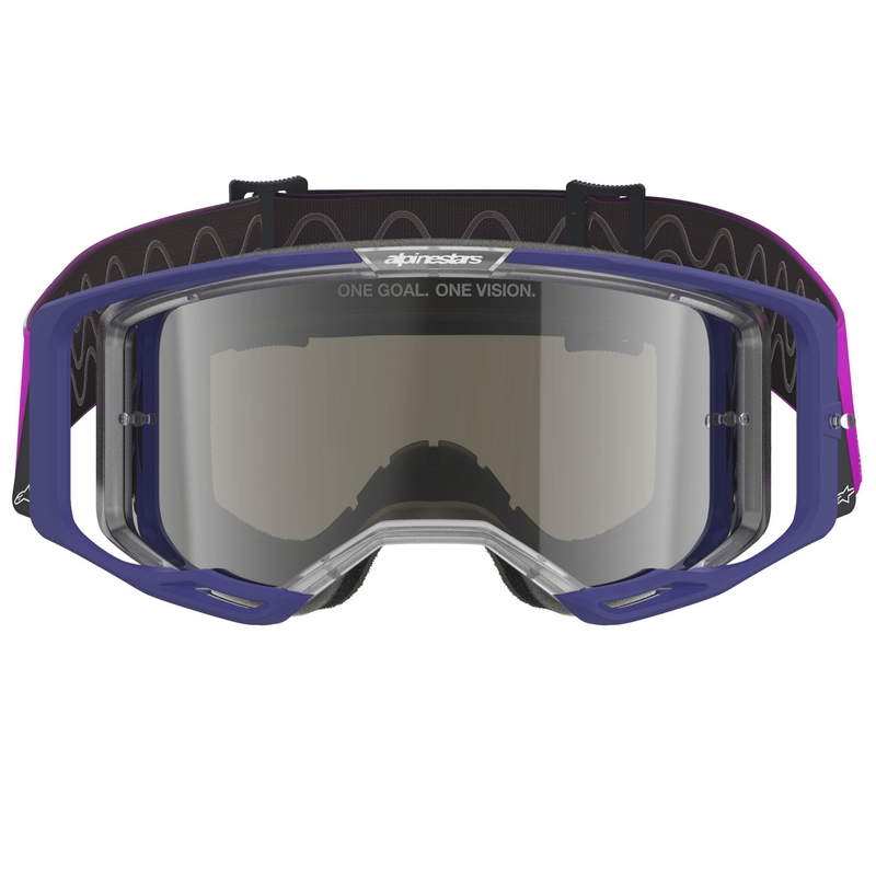 Gogle motocrossowe Alpinestars Vision 8 Corp, fioletowo-przezroczyste, z lustrzanymi srebrnymi soczewkami