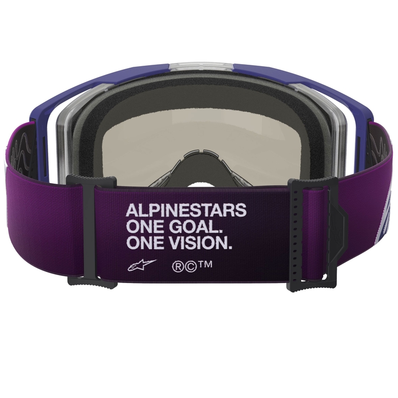 Gogle motocrossowe Alpinestars Vision 8 Corp, fioletowo-przezroczyste, z lustrzanymi srebrnymi soczewkami