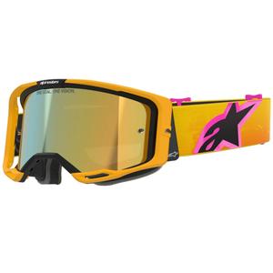 Gogle motocrossowe Alpinestars Vision 8 Corp w kolorze pomarańczowo-żółto-różowym z lustrzanymi złotymi soczewkami