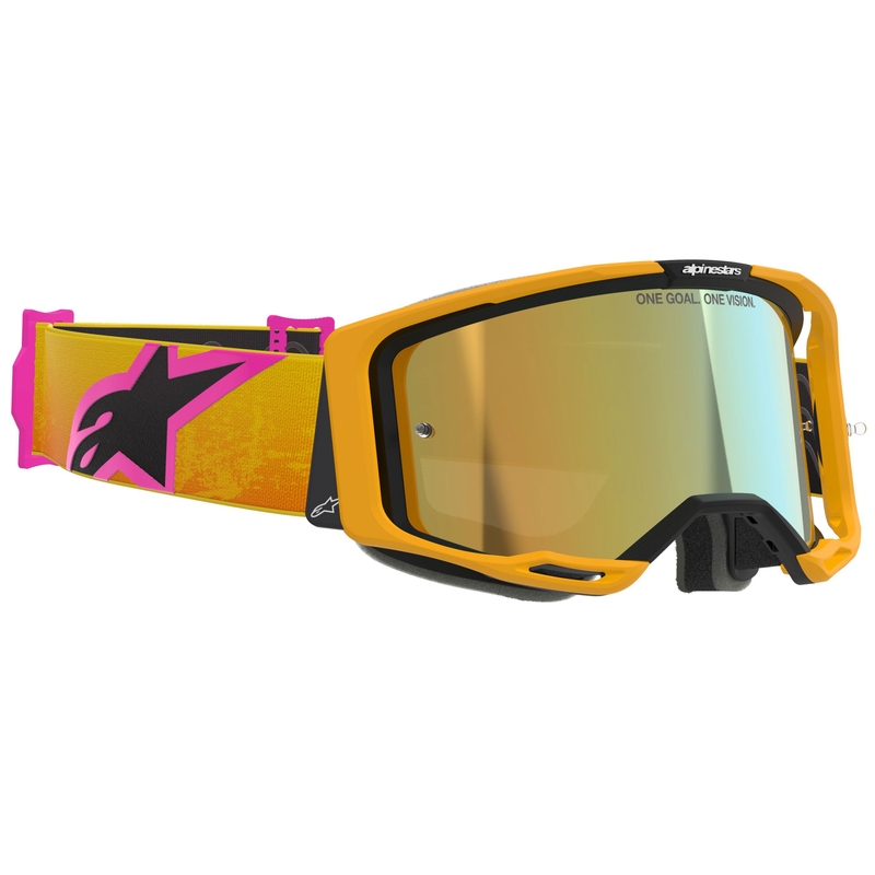 Gogle motocrossowe Alpinestars Vision 8 Corp w kolorze pomarańczowo-żółto-różowym z lustrzanymi złotymi soczewkami