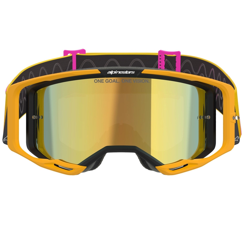 Gogle motocrossowe Alpinestars Vision 8 Corp w kolorze pomarańczowo-żółto-różowym z lustrzanymi złotymi soczewkami