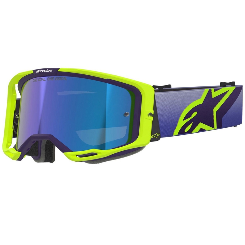 Gogle motocrossowe Alpinestars Vision 8 Corp fluo żółto-fioletowe z lustrzanymi niebieskimi soczewkami
