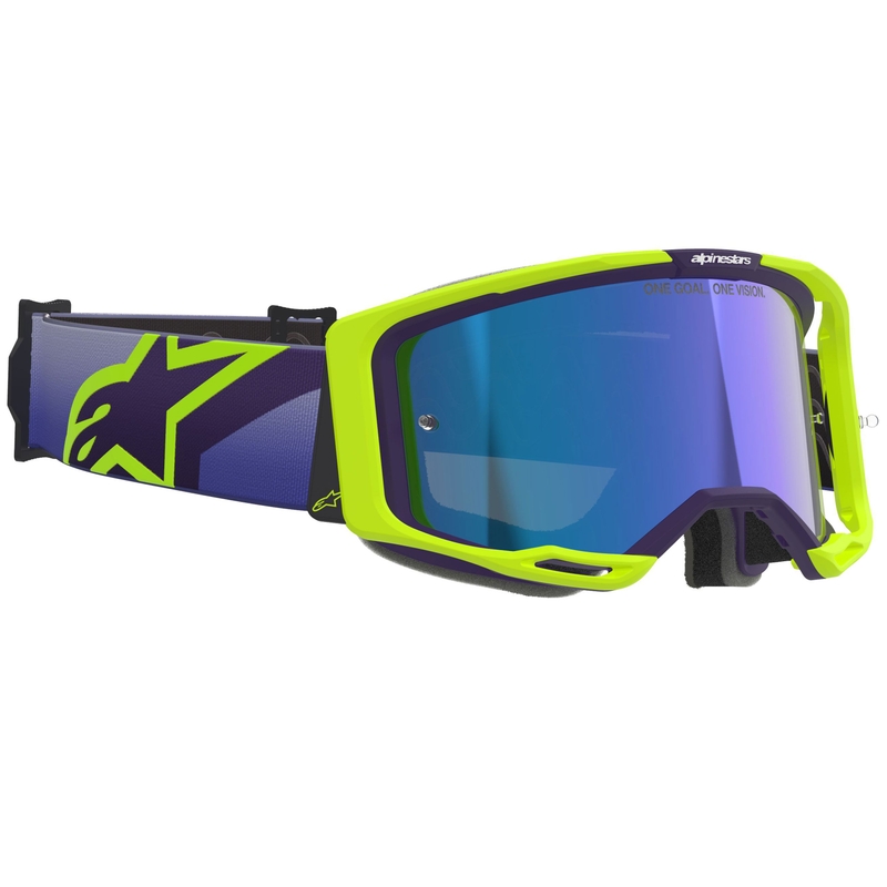 Gogle motocrossowe Alpinestars Vision 8 Corp fluo żółto-fioletowe z lustrzanymi niebieskimi soczewkami