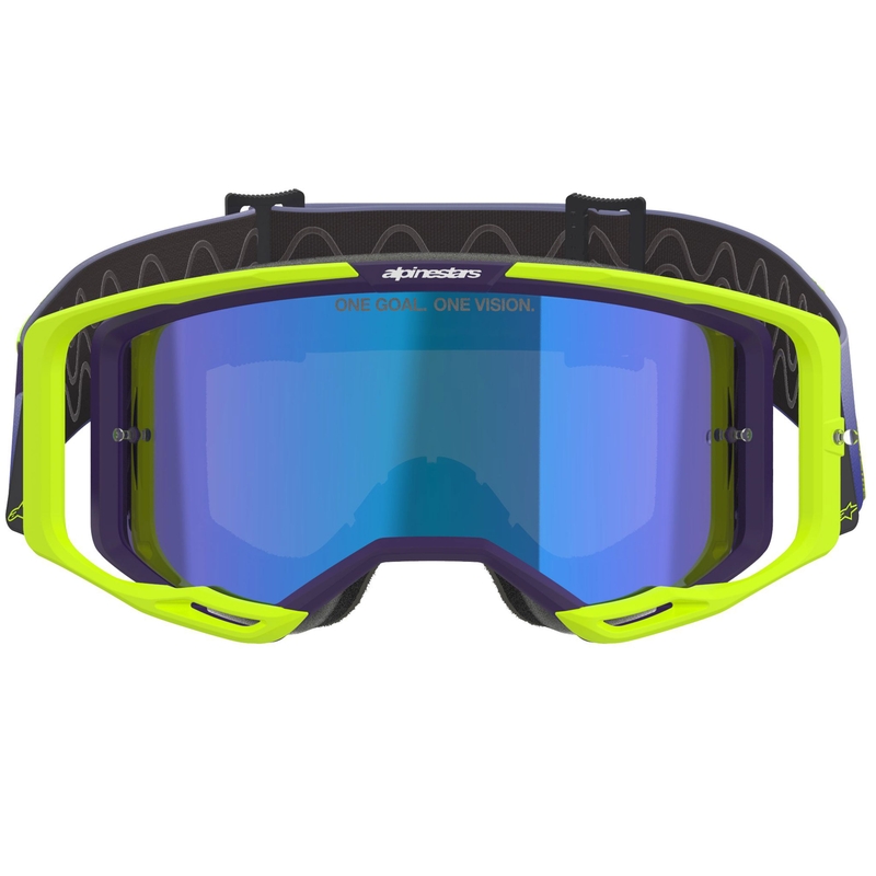 Gogle motocrossowe Alpinestars Vision 8 Corp fluo żółto-fioletowe z lustrzanymi niebieskimi soczewkami