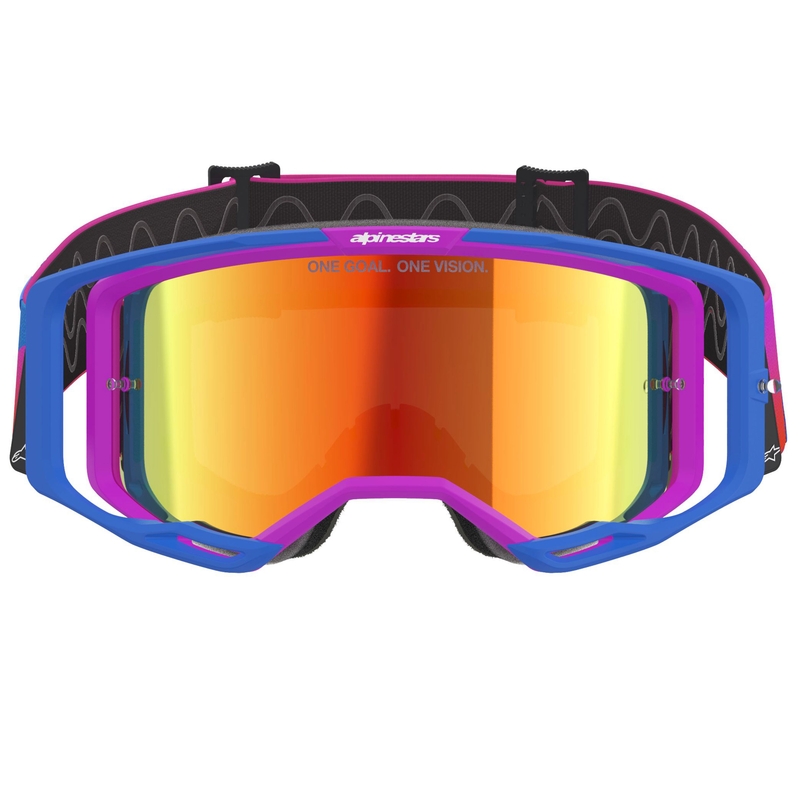 Gogle motocrossowe Alpinestars Vision 8 Corp w kolorze niebiesko-fioletowo-pomarańczowym z lustrzanymi, czerwonymi soczewkami