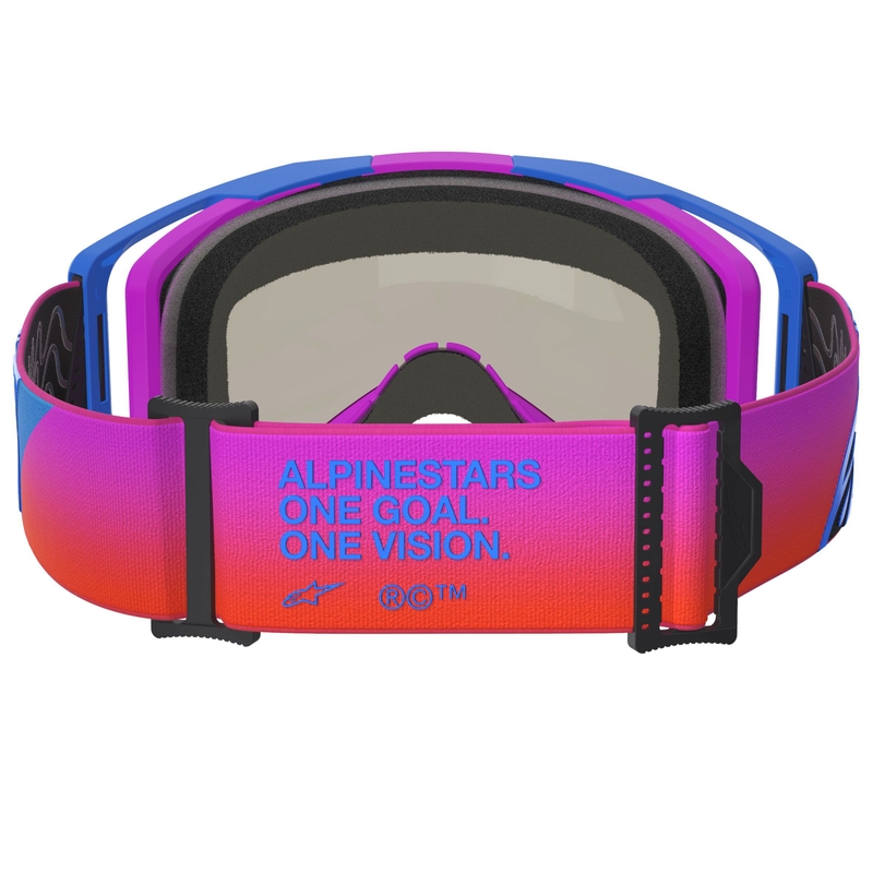 Gogle motocrossowe Alpinestars Vision 8 Corp w kolorze niebiesko-fioletowo-pomarańczowym z lustrzanymi, czerwonymi soczewkami