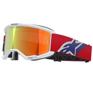 Gogle motocrossowe Alpinestars Vision 5 Corp biało-niebiesko-czerwone z lustrzanymi czerwonymi soczewkami