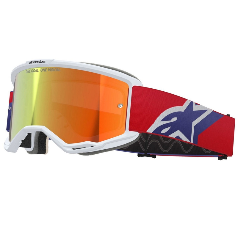 Gogle motocrossowe Alpinestars Vision 5 Corp biało-niebiesko-czerwone z lustrzanymi czerwonymi soczewkami