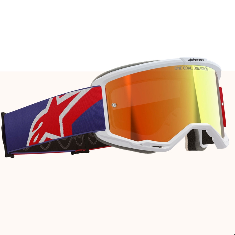 Gogle motocrossowe Alpinestars Vision 5 Corp biało-niebiesko-czerwone z lustrzanymi czerwonymi soczewkami