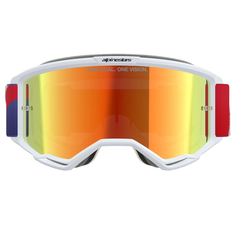 Gogle motocrossowe Alpinestars Vision 5 Corp biało-niebiesko-czerwone z lustrzanymi czerwonymi soczewkami