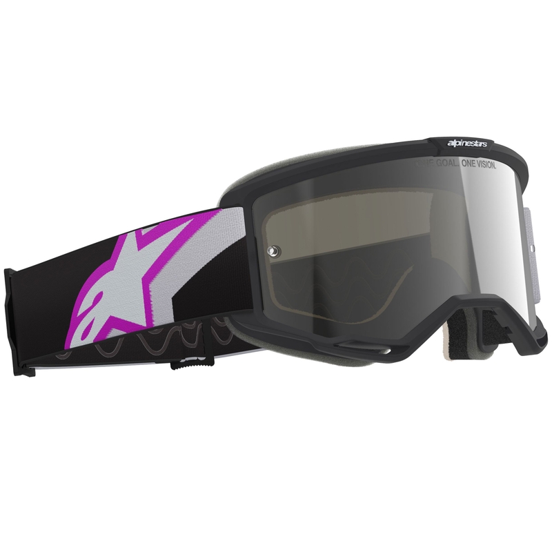 Gogle motocrossowe Alpinestars Vision 5 Corp czarno-szaro-fioletowo-białe z lustrzanymi srebrnymi soczewkami