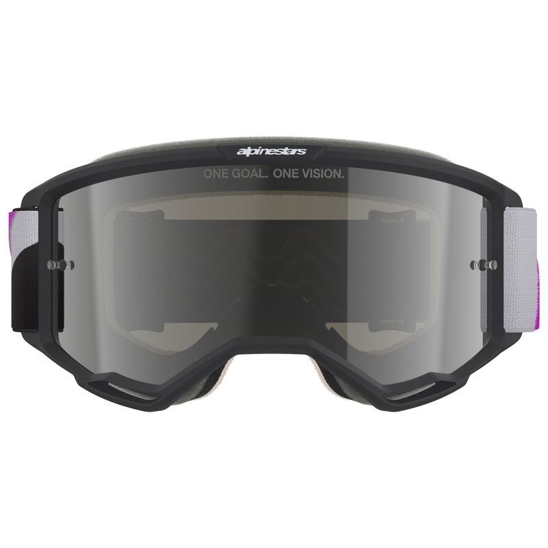Gogle motocrossowe Alpinestars Vision 5 Corp czarno-szaro-fioletowo-białe z lustrzanymi srebrnymi soczewkami