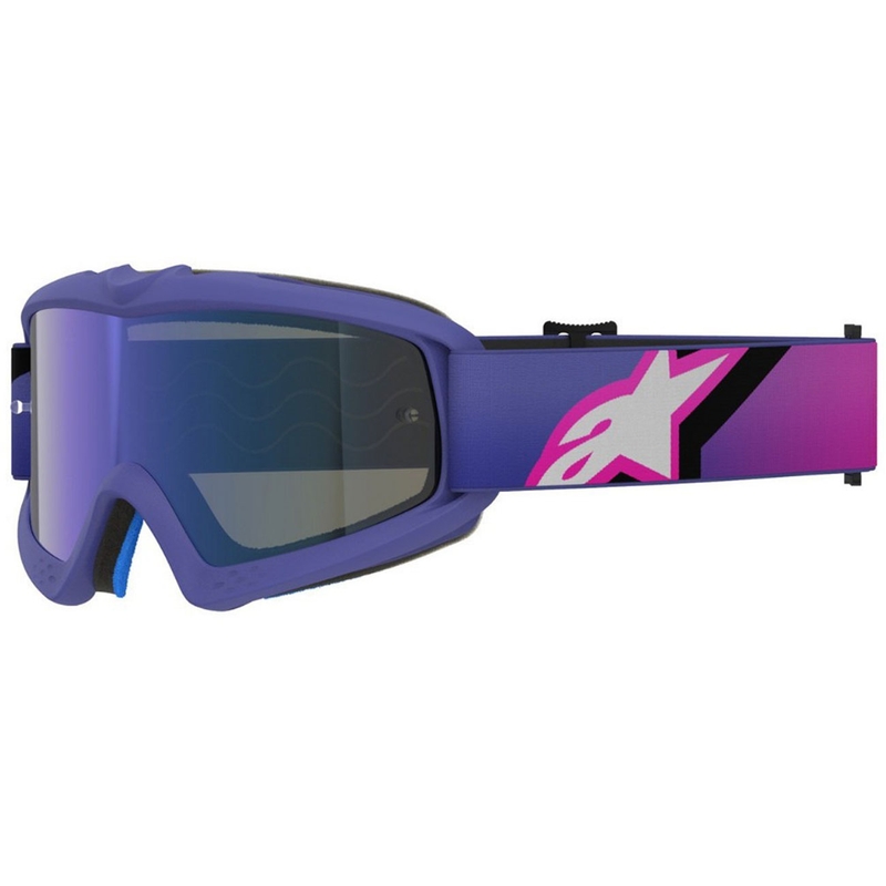 Okulary motocrossowe dla dzieci Alpinestars Vision Youth Corp w kolorze fioletowo-fluo różowym z lustrzanymi niebieskimi soczewkami