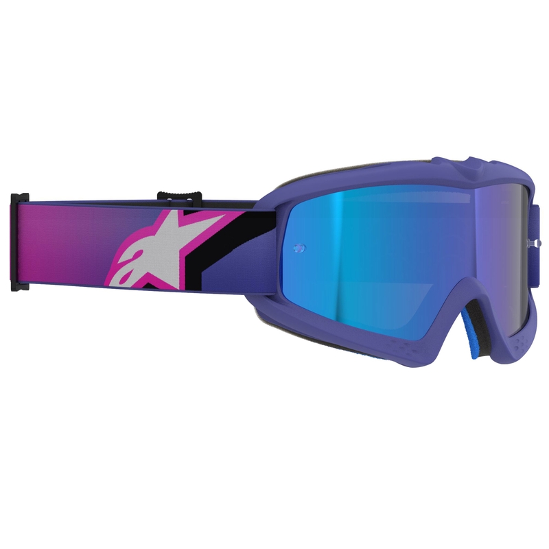 Okulary motocrossowe dla dzieci Alpinestars Vision Youth Corp w kolorze fioletowo-fluo różowym z lustrzanymi niebieskimi soczewkami