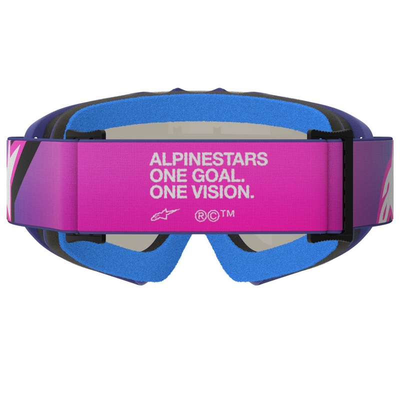 Okulary motocrossowe dla dzieci Alpinestars Vision Youth Corp w kolorze fioletowo-fluo różowym z lustrzanymi niebieskimi soczewkami