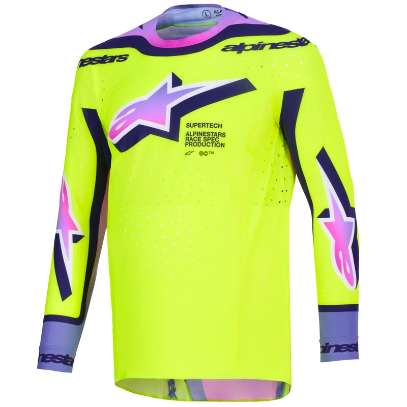Koszulka motocrossowa Alpinestars Supertech Vista w kolorze fluorescencyjno-żółto-fioletowo-czarnym