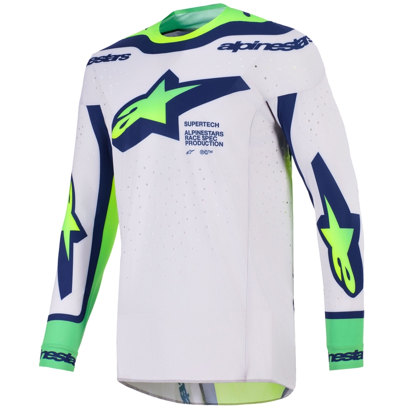 Koszulka motocrossowa Alpinestars Supertech Vista w kolorze jasnoszarym, fluorescencyjnym, żółto-zielono-niebiesko-różowym