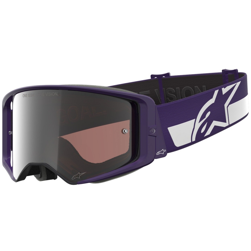 Gogle motocrossowe Alpinestars Supertech Vision Hunta96 XXV fioletowo-białe z lustrzanym srebrnym pleksiglasem