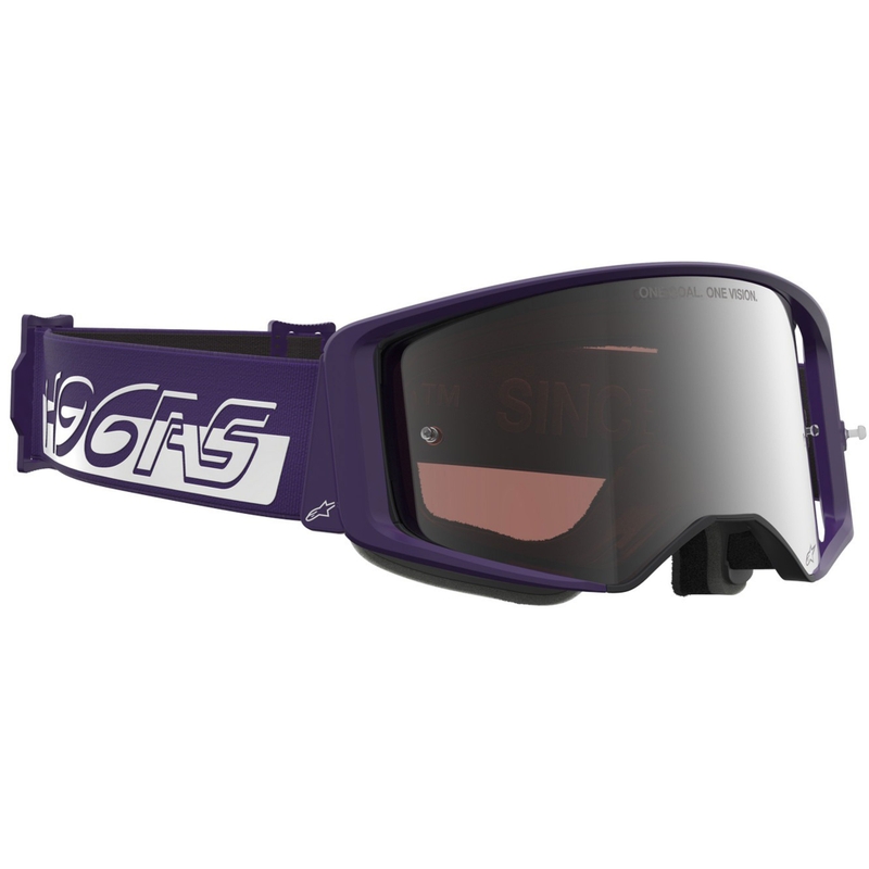 Gogle motocrossowe Alpinestars Supertech Vision Hunta96 XXV fioletowo-białe z lustrzanym srebrnym pleksiglasem