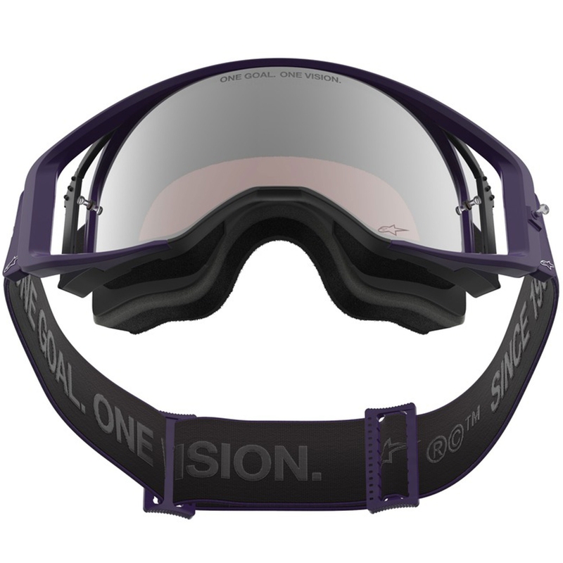 Gogle motocrossowe Alpinestars Supertech Vision Hunta96 XXV fioletowo-białe z lustrzanym srebrnym pleksiglasem