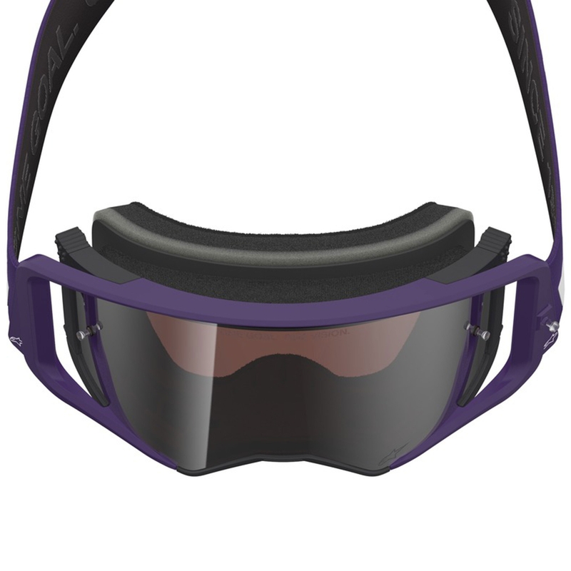 Gogle motocrossowe Alpinestars Supertech Vision Hunta96 XXV fioletowo-białe z lustrzanym srebrnym pleksiglasem