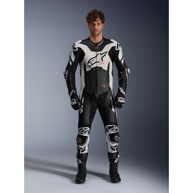 Jednoczęściowy kombinezon skórzany Alpinestars GP Plus V4 Sprint, kompatybilny z Tech-air, czarno-biało-czerwony fluorescencyjny