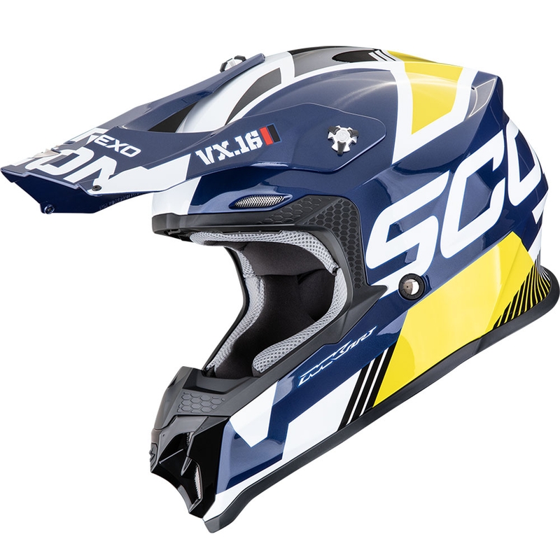Kask motocrossowy Scorpion VX-16 EVO Air Analog biało-niebiesko-żółty