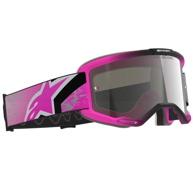 Gogle motocrossowe Alpinestars Vision 5 Lahnd fluo różowo-szaro-czarno-białe z lustrzanymi srebrnymi soczewkami