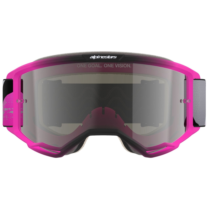 Gogle motocrossowe Alpinestars Vision 5 Lahnd fluo różowo-szaro-czarno-białe z lustrzanymi srebrnymi soczewkami