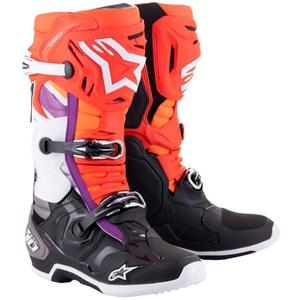Buty motocyklowe Alpinestars Tech 10 w kolorze pomarańczowo-żółto-fioletowym, biało-czarnym
