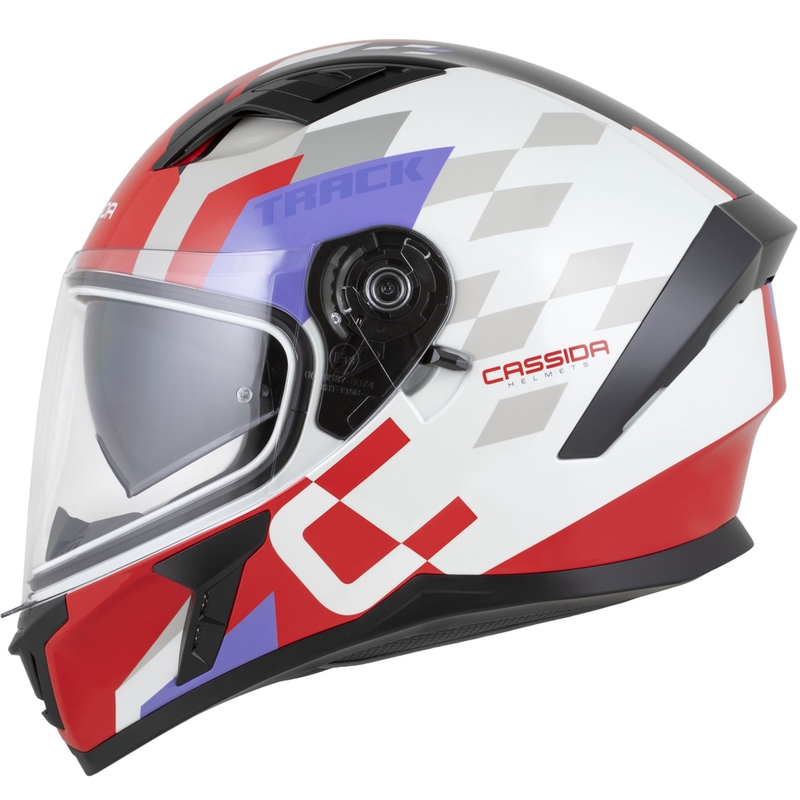 Kask motocyklowy integralny Cassida Orbit Track w kolorze fluorescencyjnym czerwono-biało-fioletowo-czarnym