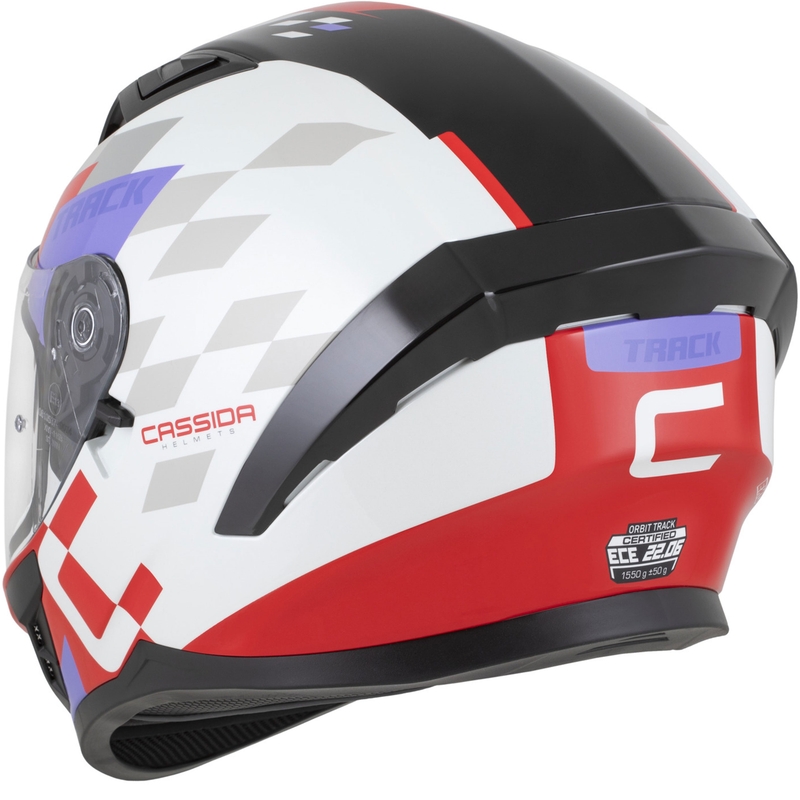 Kask motocyklowy integralny Cassida Orbit Track w kolorze fluorescencyjnym czerwono-biało-fioletowo-czarnym