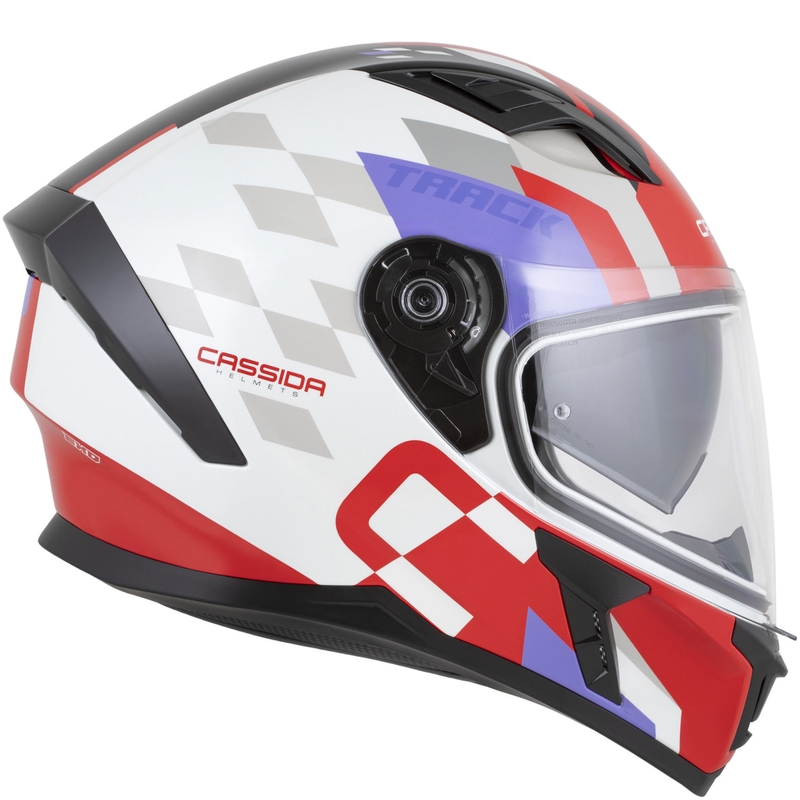 Kask motocyklowy integralny Cassida Orbit Track w kolorze fluorescencyjnym czerwono-biało-fioletowo-czarnym
