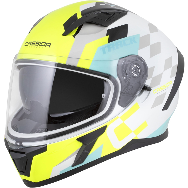 Kask motocyklowy integralny Cassida Orbit Track w kolorze biało-fluo-żółto-turkusowo-czarnym