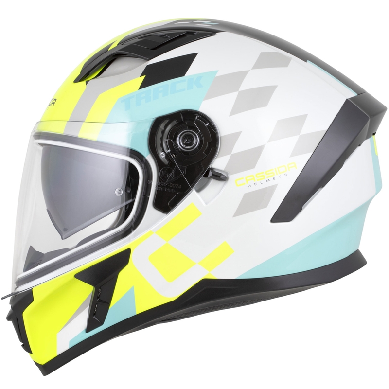 Kask motocyklowy integralny Cassida Orbit Track w kolorze biało-fluo-żółto-turkusowo-czarnym