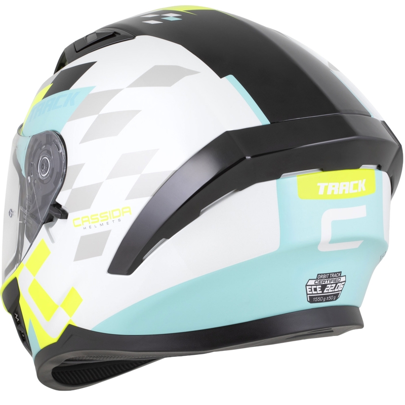 Kask motocyklowy integralny Cassida Orbit Track w kolorze biało-fluo-żółto-turkusowo-czarnym