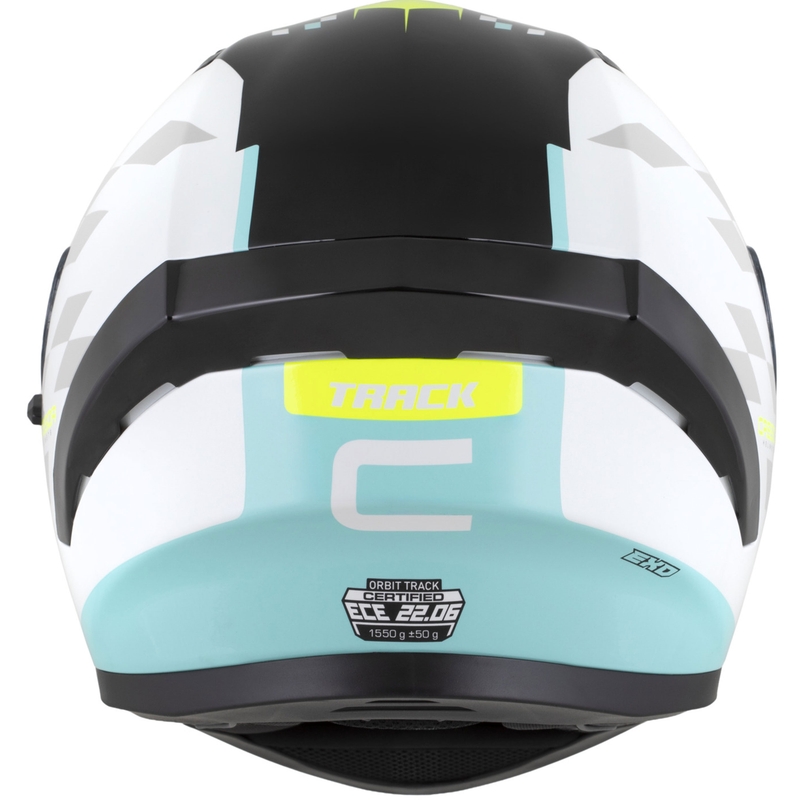 Kask motocyklowy integralny Cassida Orbit Track w kolorze biało-fluo-żółto-turkusowo-czarnym