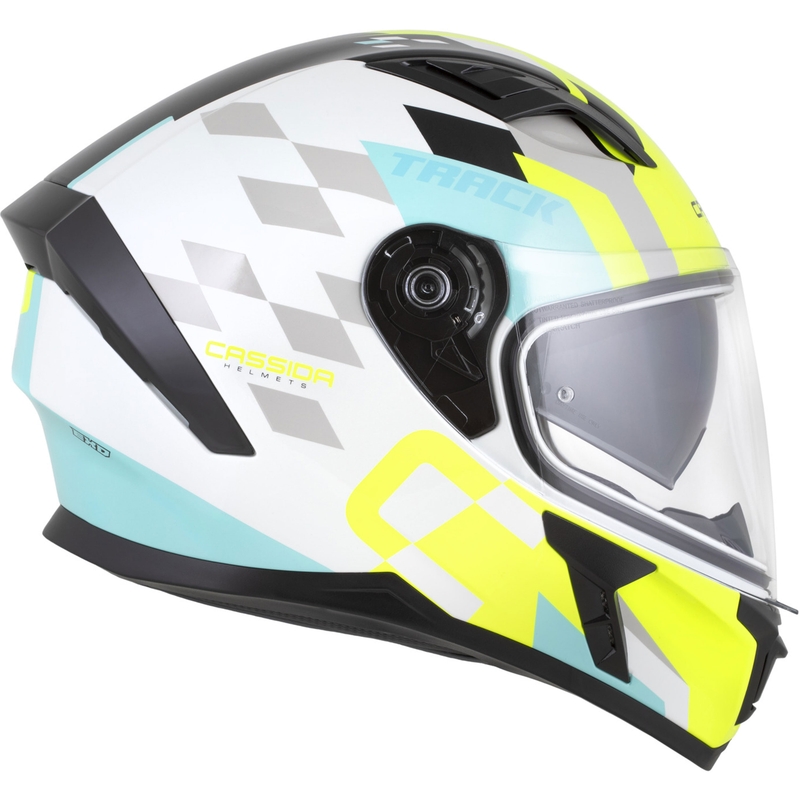 Kask motocyklowy integralny Cassida Orbit Track w kolorze biało-fluo-żółto-turkusowo-czarnym