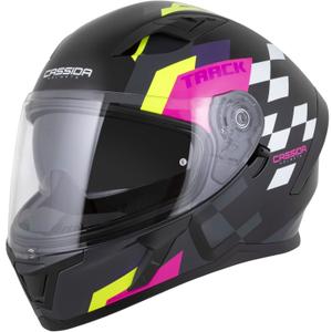 Kask motocyklowy integralny Cassida Orbit Track w kolorze czarno-różowo-fioletowo-fluo-żółto-białym