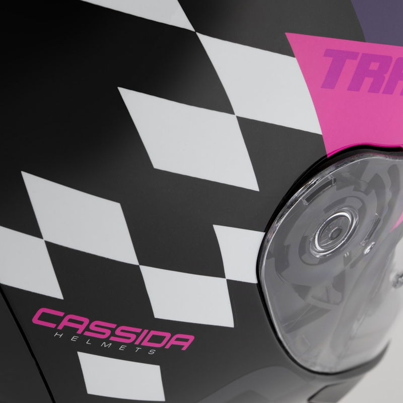 Kask motocyklowy integralny Cassida Orbit Track w kolorze czarno-różowo-fioletowo-fluo-żółto-białym