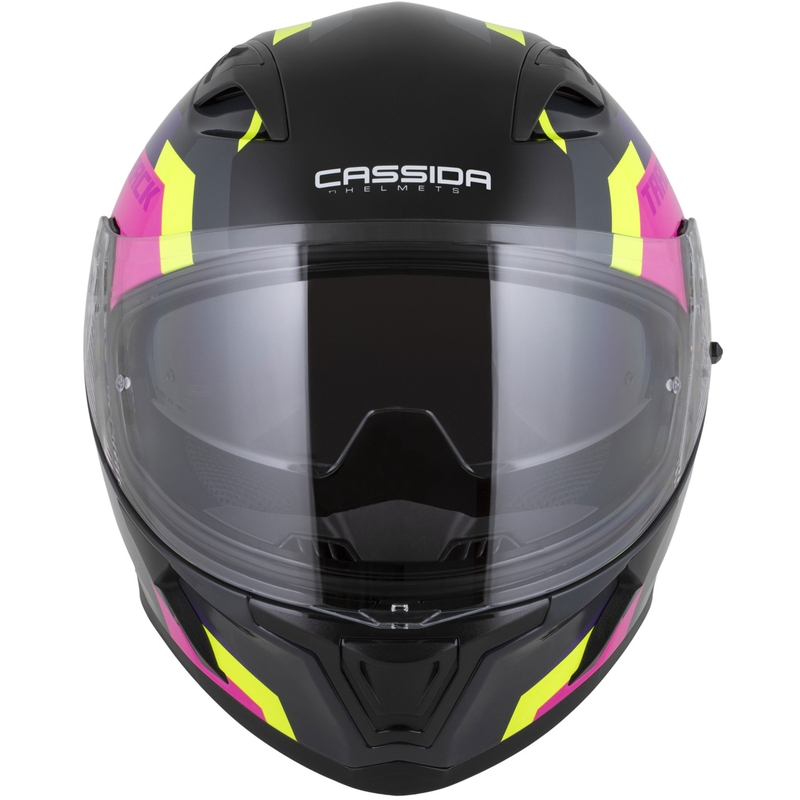 Kask motocyklowy integralny Cassida Orbit Track w kolorze czarno-różowo-fioletowo-fluo-żółto-białym