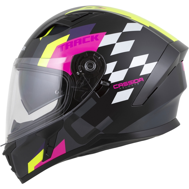 Kask motocyklowy integralny Cassida Orbit Track w kolorze czarno-różowo-fioletowo-fluo-żółto-białym