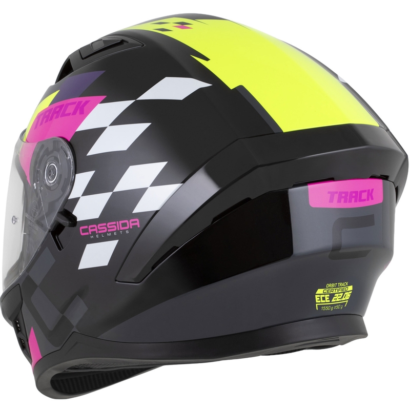 Kask motocyklowy integralny Cassida Orbit Track w kolorze czarno-różowo-fioletowo-fluo-żółto-białym