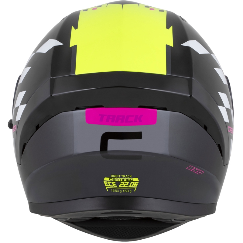 Kask motocyklowy integralny Cassida Orbit Track w kolorze czarno-różowo-fioletowo-fluo-żółto-białym