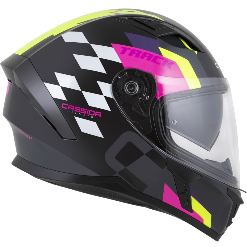 Kask motocyklowy integralny Cassida Orbit Track w kolorze czarno-różowo-fioletowo-fluo-żółto-białym