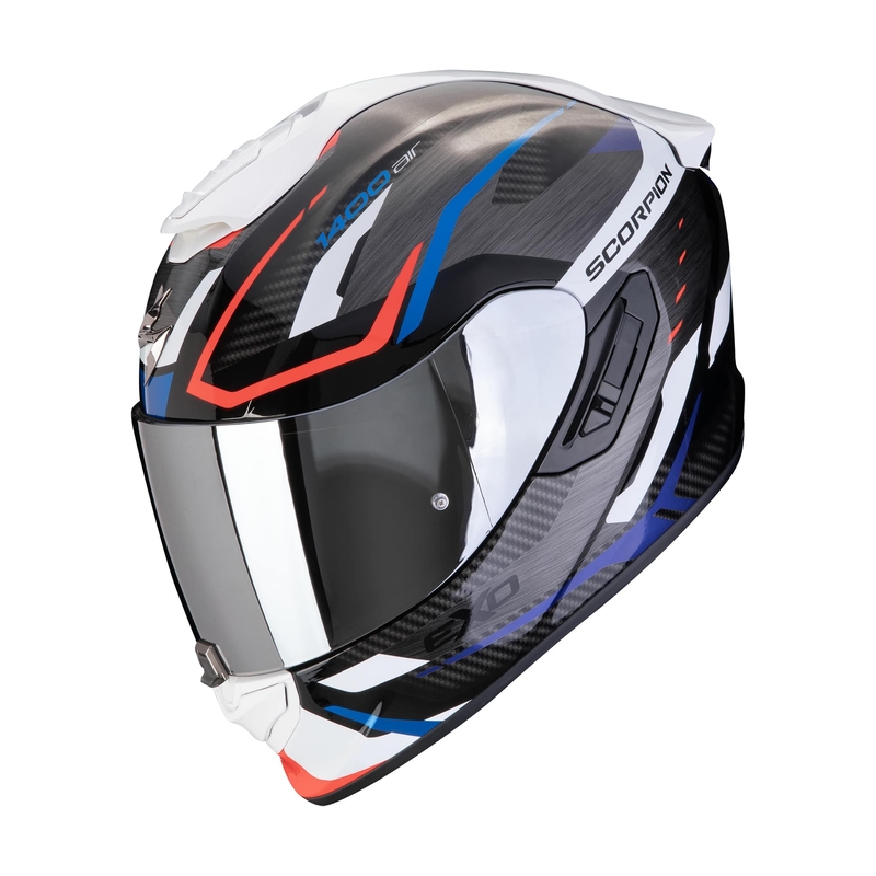 Kask motocyklowy integralny Scorpion EXO-1400 EVO II AIR ACCORD czarno-niebiesko-biały, sprzedaż - II gatunek wyprzedaż - II. jakość