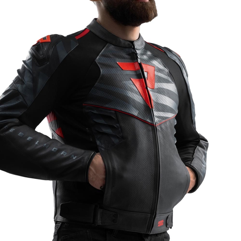 Kurtka motocyklowa skórzana Rebelhorn Vandal 2 czarno-szaro-fluo czerwona