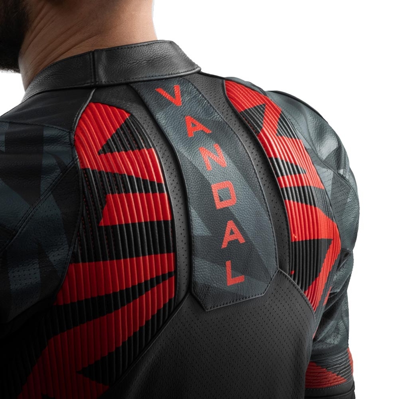 Kurtka motocyklowa skórzana Rebelhorn Vandal 2 czarno-szaro-fluo czerwona