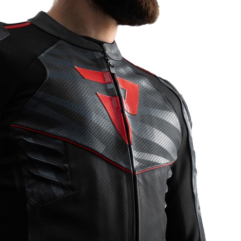 Kurtka motocyklowa skórzana Rebelhorn Vandal 2 czarno-szaro-fluo czerwona